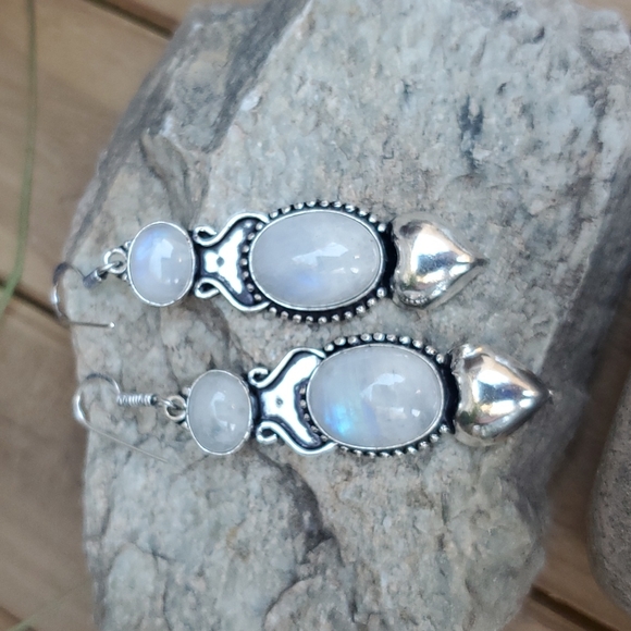 New Rainbow Moonstone 925 Silver Statement Earrings. - Picture 2 of 13
